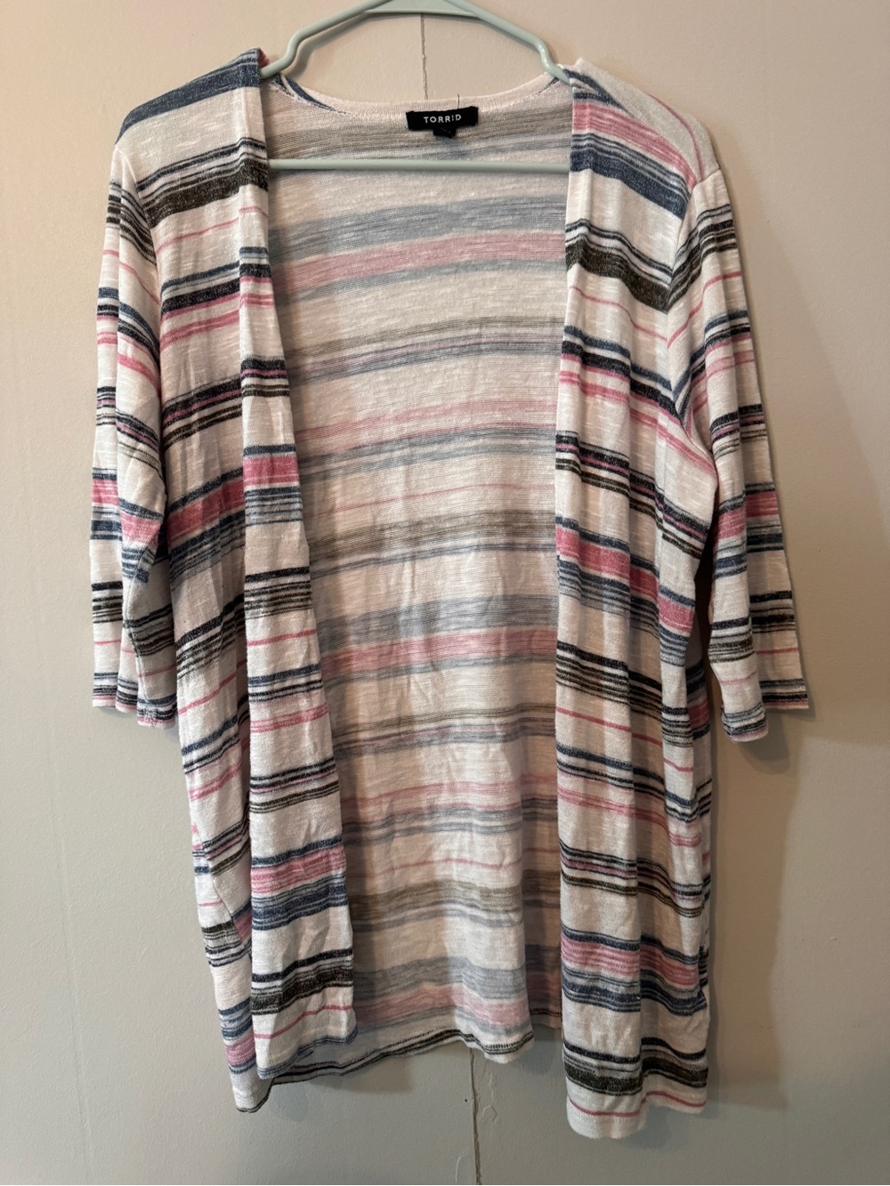 torrid Open-Front Striped Cardigan in White, Pink & Blue